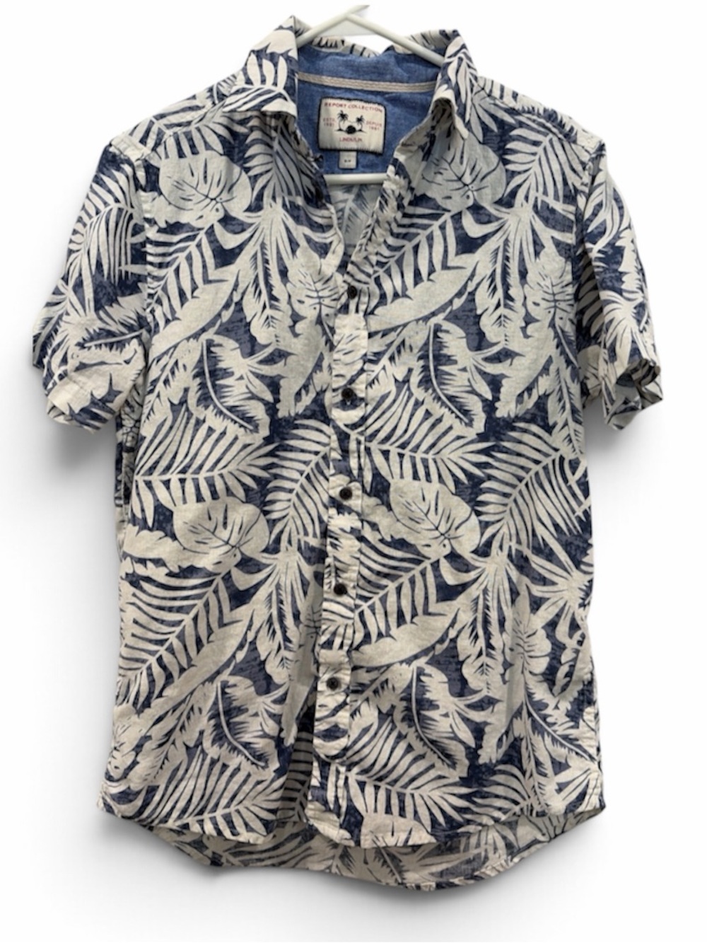Report Collection Men's Navy and White Tropical Leaf Button-Up Shirt